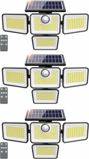 3000LM Solar Lights Outdoor, 4 Adjustable Heads Motion Sensor Lights, 3 Mode, IP65 Waterproof Solar Security Wall Lights, Remote Control Flood Lights, Graden, Outside, Backyard, 3 Pack