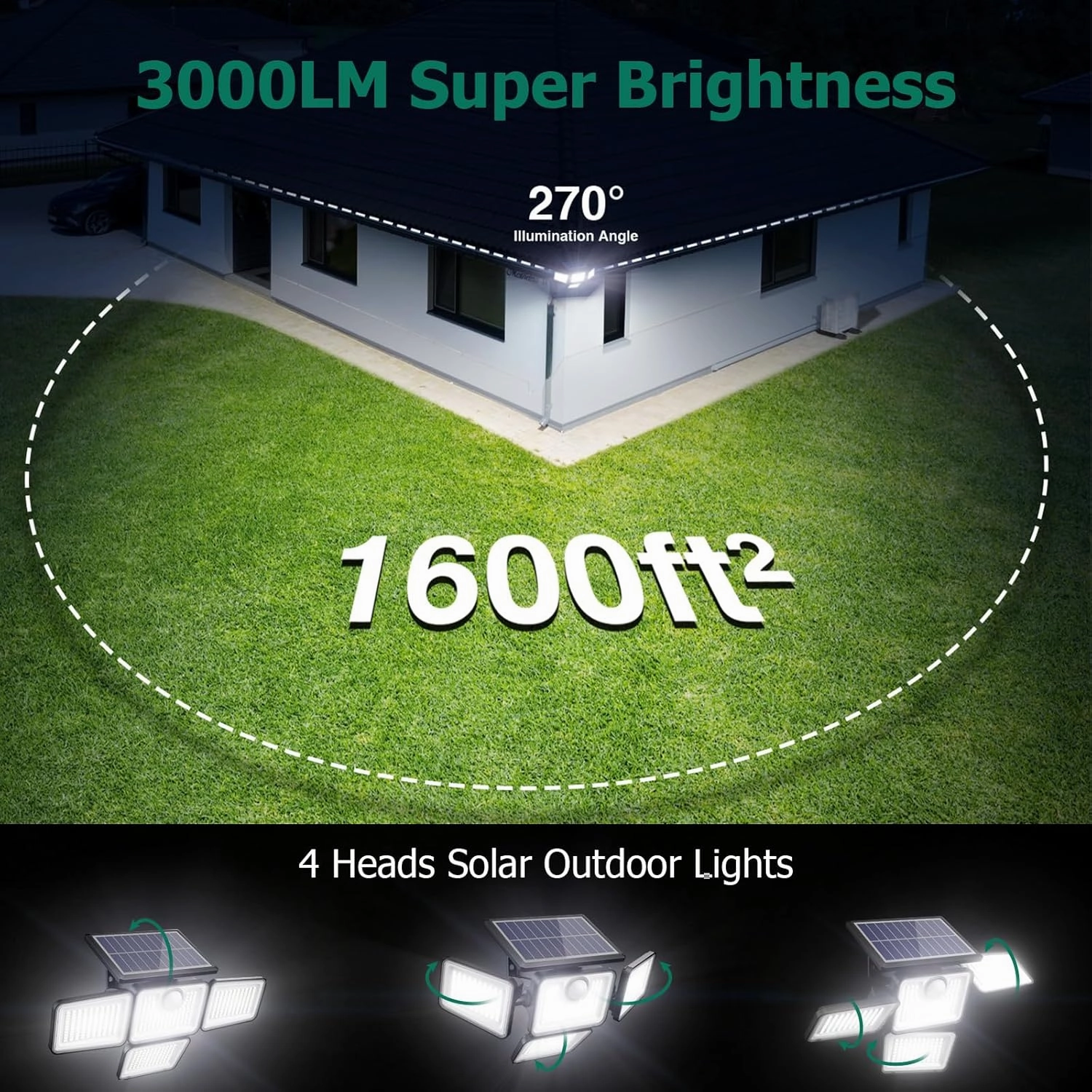 3000LM Solar Lights Outdoor, 4 Adjustable Heads Motion Sensor Lights, 3 Mode, IP65 Waterproof Solar Security Wall Lights, Remote Control Flood Lights, Graden, Outside, Backyard, 3 Pack