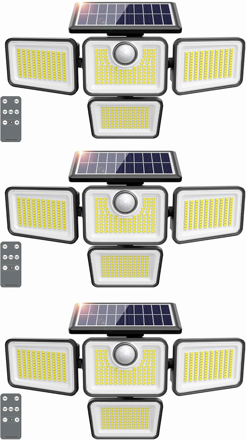 3000LM Solar Lights Outdoor, 4 Adjustable Heads Motion Sensor Lights, 3 Mode, IP65 Waterproof Solar Security Wall Lights, Remote Control Flood Lights, Graden, Outside, Backyard, 3 Pack