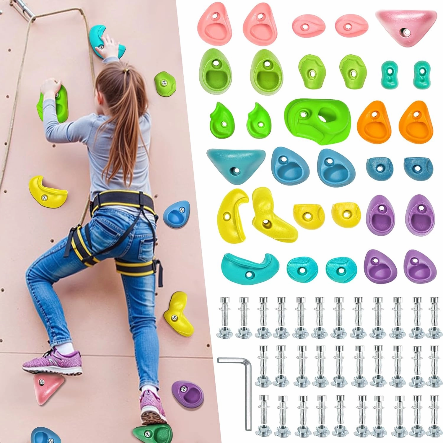32 Rock Climbing Holds for Kids Adults, Colourful Climbing Rock Wall Grips with Mounting Hardware Playground Play Set for Indoor and Outdoor （Macaroon）