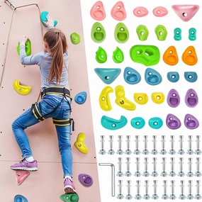 32 Rock Climbing Holds for Kids Adults, Colourful Climbing Rock Wall Grips with Mounting Hardware Playground Play Set for Indoor and Outdoor （Macaroon）