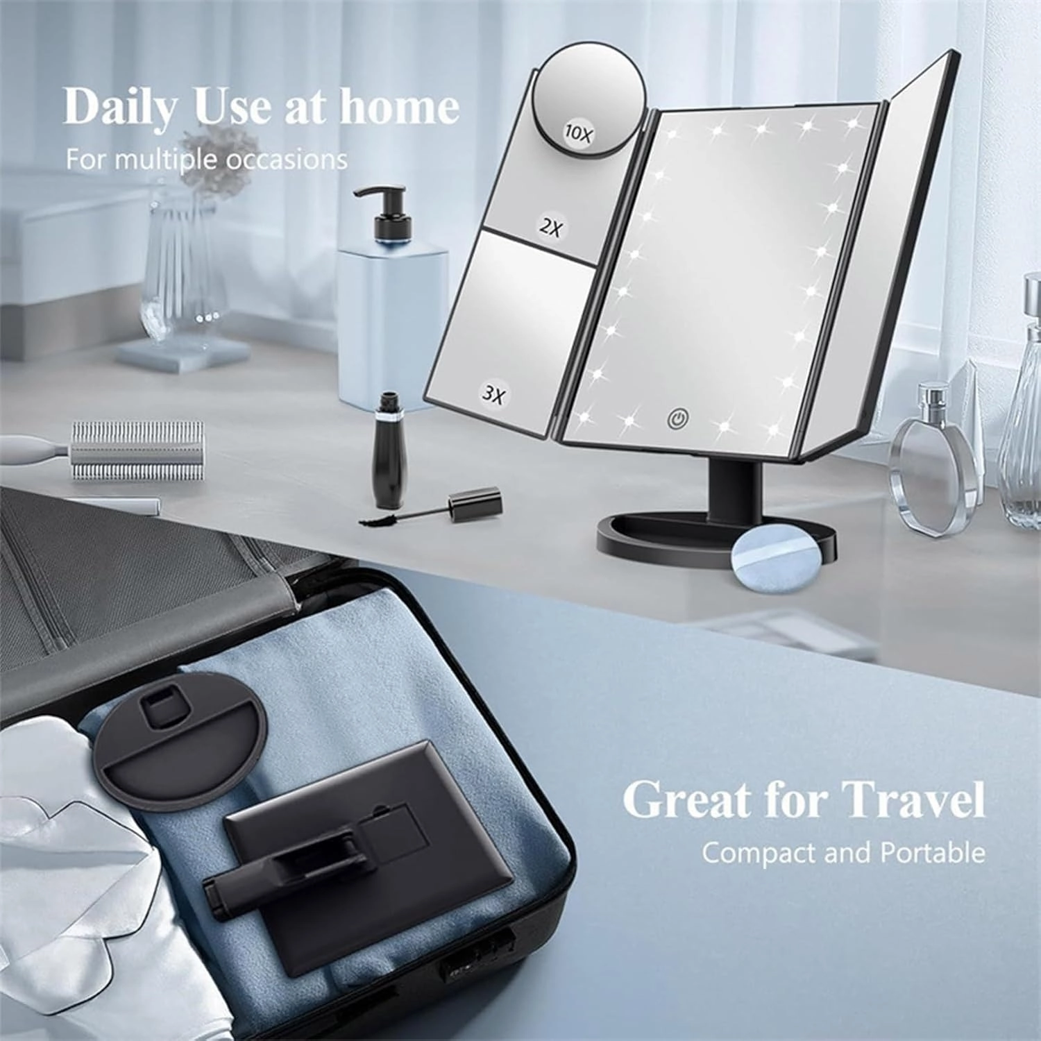34.5×24cm/13.6×9.4in Vanity Mirror with Stand, Portable Tri-fold Makeup Mirror, 2X 3X 10X Magnification Mirror, with 22 LEDs Light and Touch Button(Black)