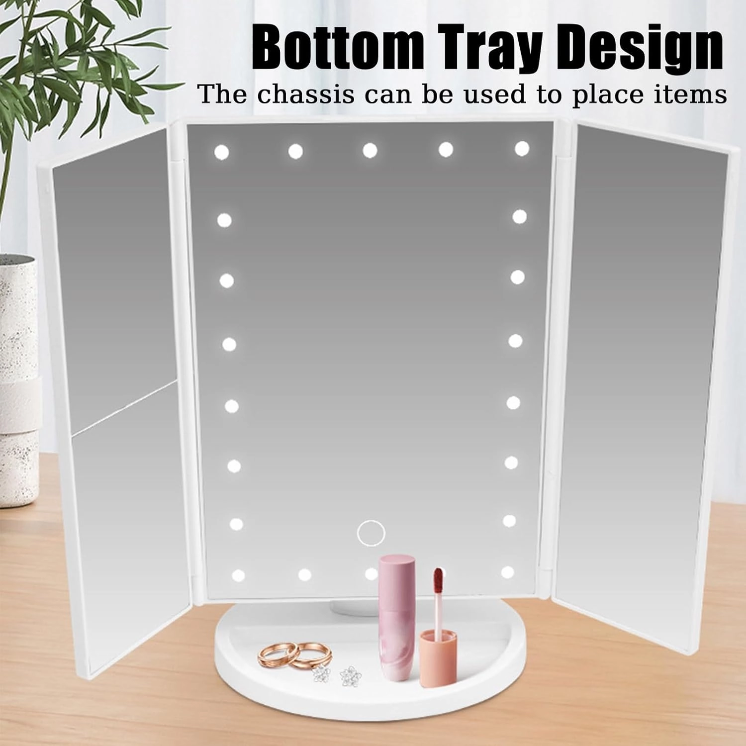 34.5×24cm/13.6×9.4in Vanity Mirror with Stand, Portable Tri-fold Makeup Mirror, 2X 3X 10X Magnification Mirror, with 22 LEDs Light and Touch Button(Black)