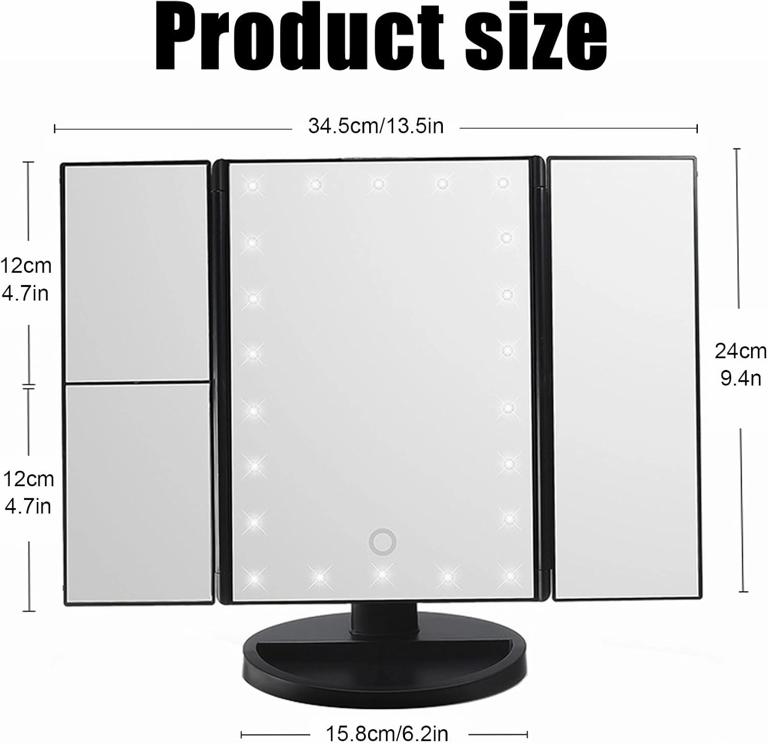 34.5×24cm/13.6×9.4in Vanity Mirror with Stand, Portable Tri-fold Makeup Mirror, 2X 3X 10X Magnification Mirror, with 22 LEDs Light and Touch Button(Black)