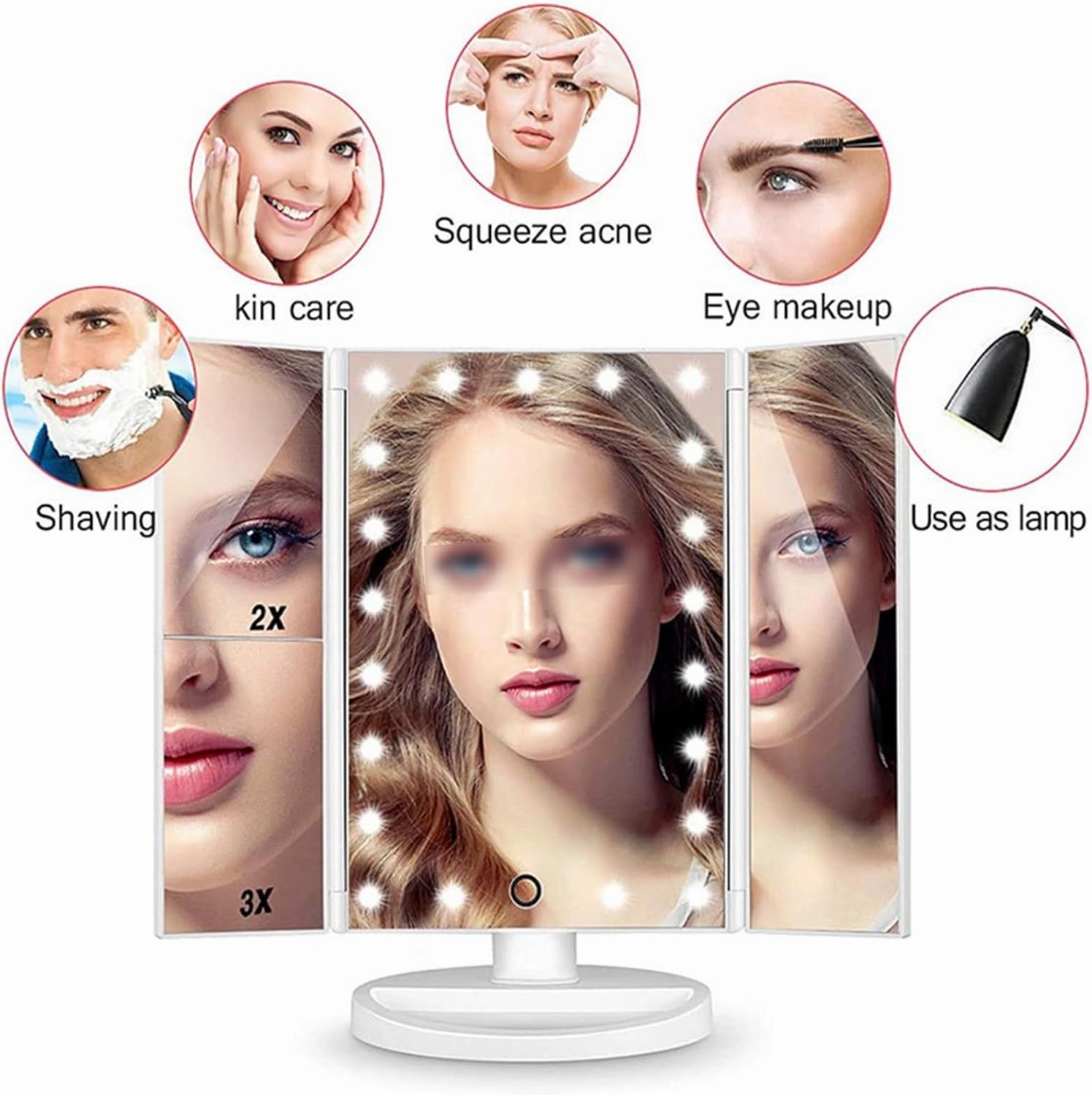 34.5×24cm/13.6×9.4in Vanity Mirror with Stand, Portable Tri-fold Makeup Mirror, 2X 3X 10X Magnification Mirror, with 22 LEDs Light and Touch Button(Black)