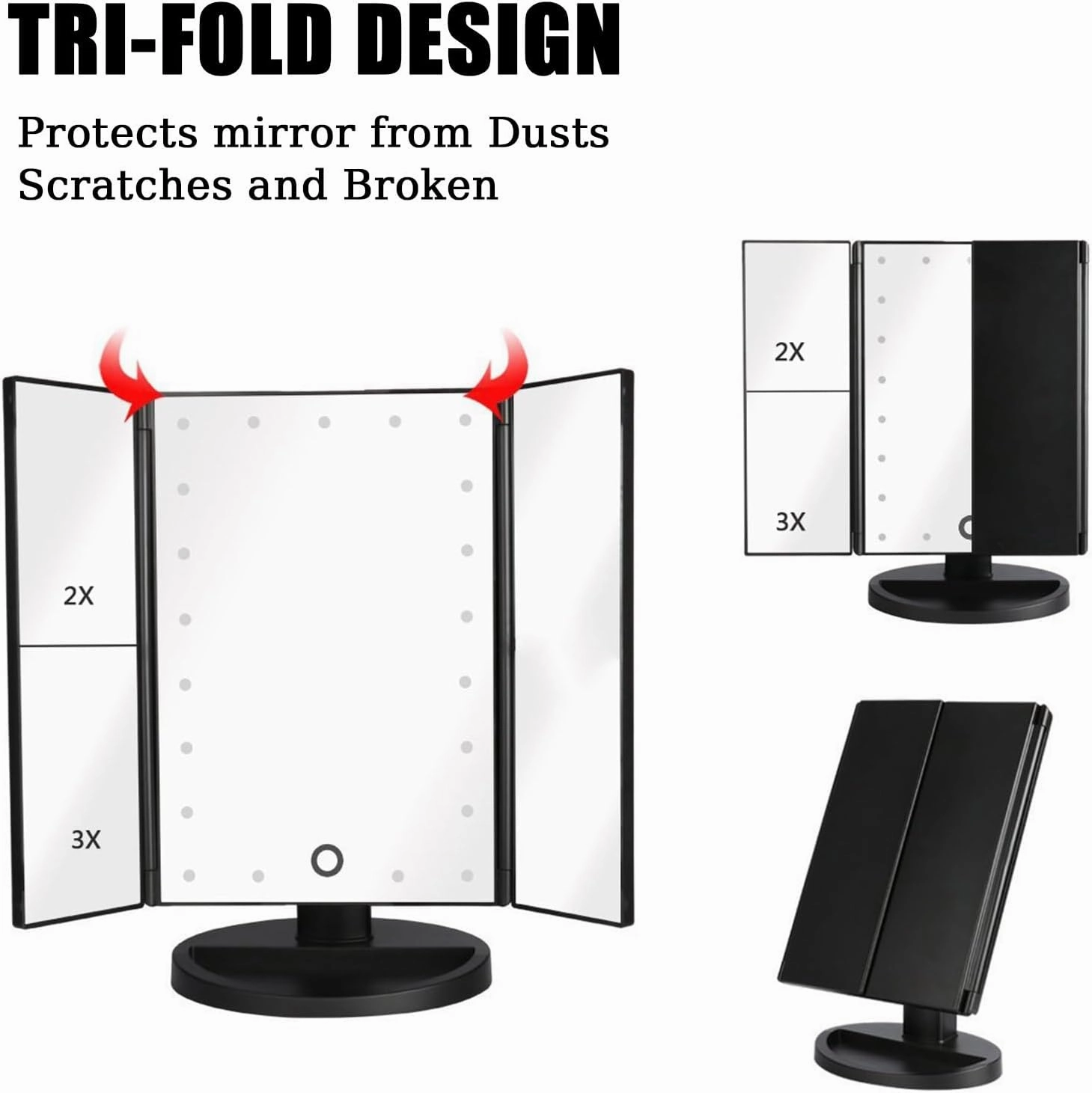 34.5×24cm/13.6×9.4in Vanity Mirror with Stand, Portable Tri-fold Makeup Mirror, 2X 3X 10X Magnification Mirror, with 22 LEDs Light and Touch Button(Black)