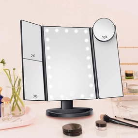 34.5×24cm/13.6×9.4in Vanity Mirror with Stand, Portable Tri-fold Makeup Mirror, 2X 3X 10X Magnification Mirror, with 22 LEDs Light and Touch Button(Black)