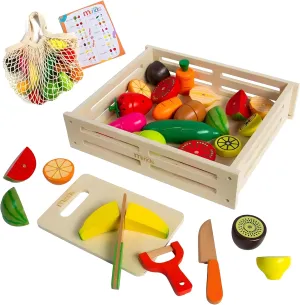 37 Pcs MINI MINDS Wooden Play Food, Shopping Bag & List. Magnetic Toddler Cutting Set, Play Food Sets for Kids Kitchen, Pretend Play Toys, Play Kitchen Toys, Montessori Toys