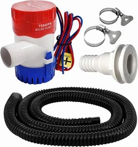3/4 Inch Outlet Dia Bilge Pump Kit, 6.5 ft Hose, 12v 750 GPH Water Pump, Premium Quality Kinkfree Flexible PVC Hose, Package Include Thru Hull Fitting and 2 Stainless Steel Clamps