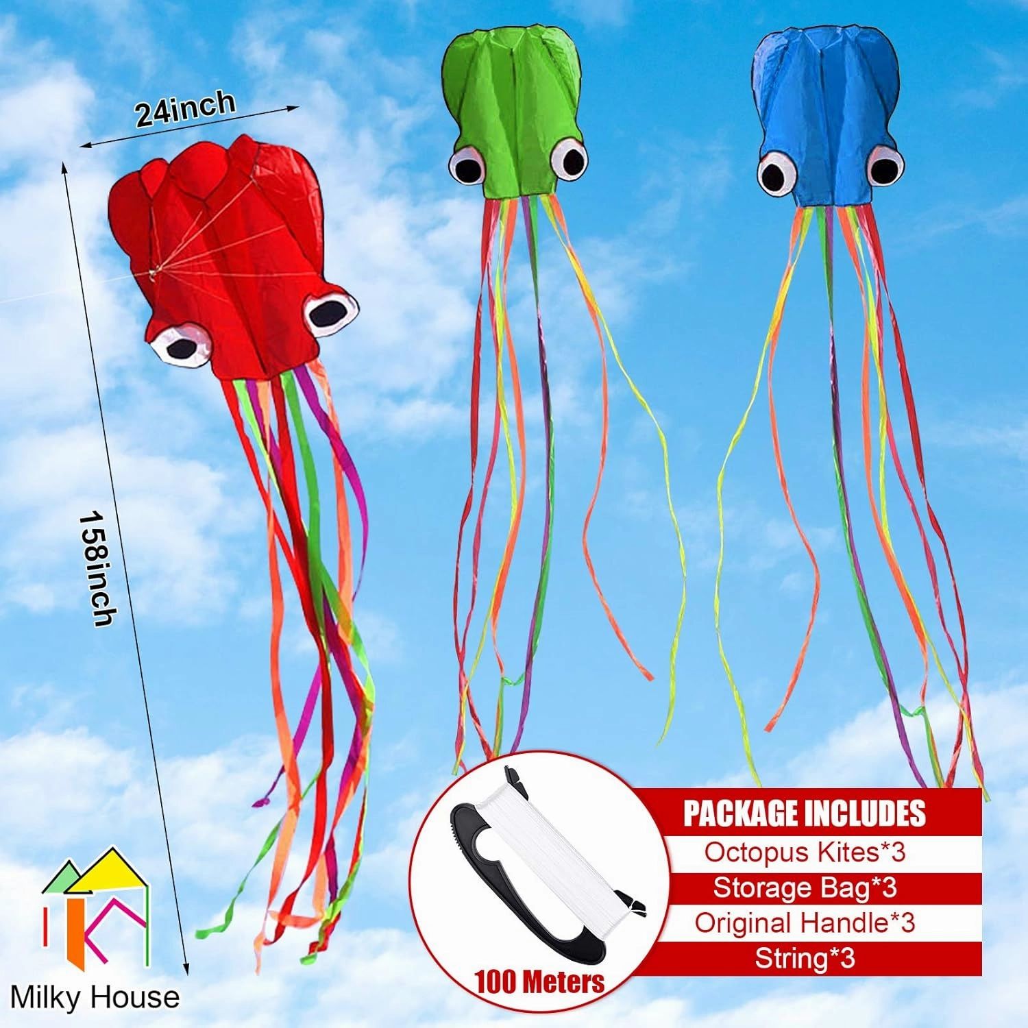 3 Pack Octopus Kite - 3D Beach Kites for People & Kids (Blue, Green, Red) - Easy to Fly, Kite Kit with 100M String