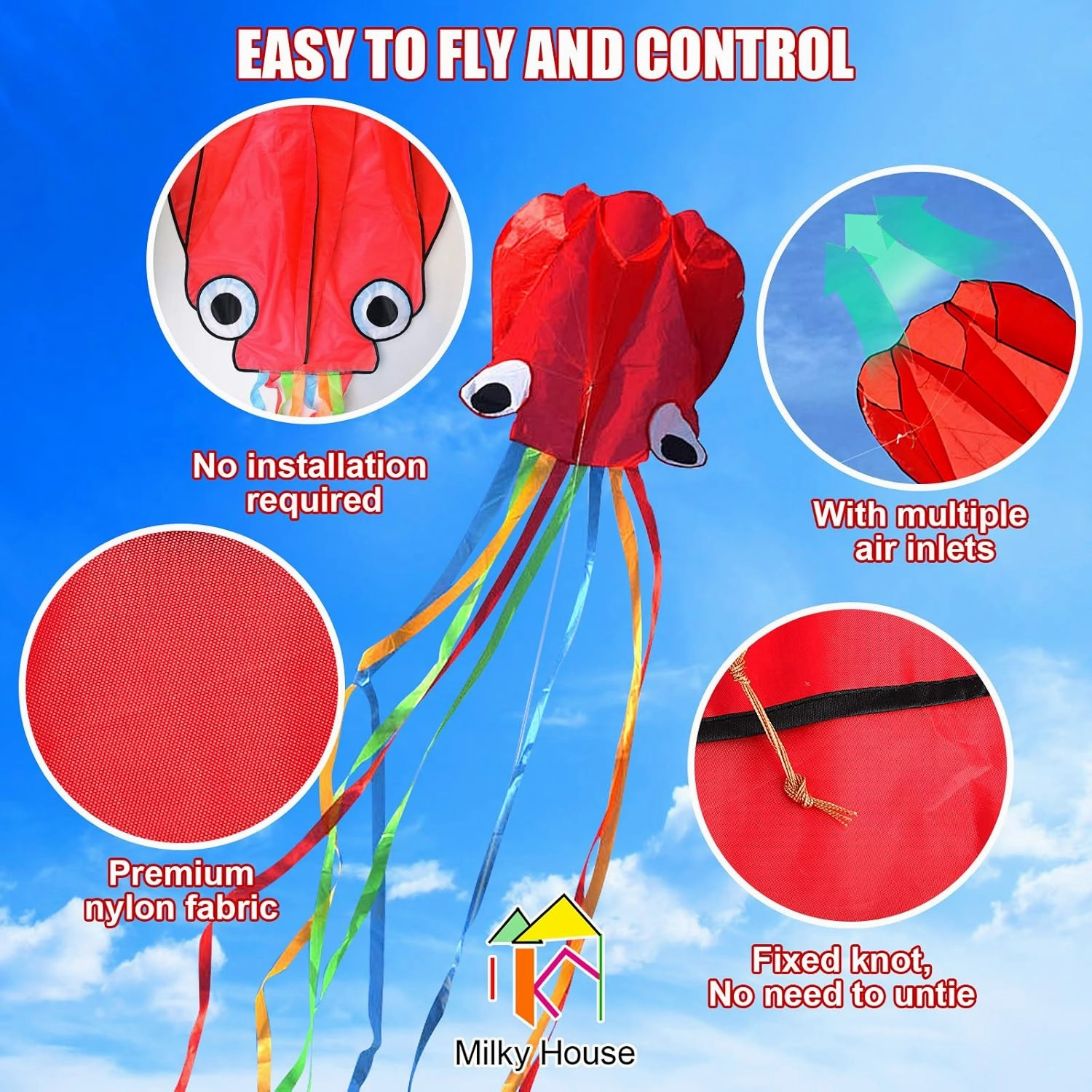 3 Pack Octopus Kite - 3D Beach Kites for People & Kids (Blue, Green, Red) - Easy to Fly, Kite Kit with 100M String