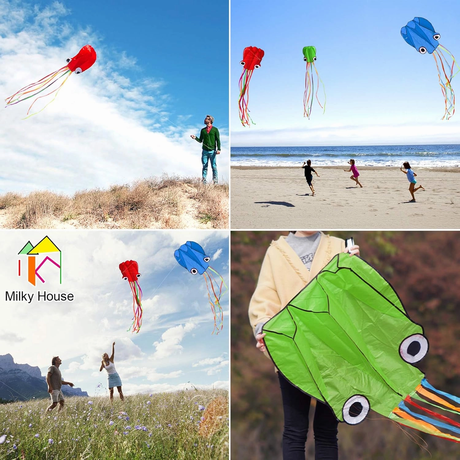 3 Pack Octopus Kite - 3D Beach Kites for People & Kids (Blue, Green, Red) - Easy to Fly, Kite Kit with 100M String