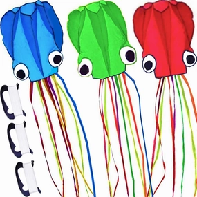 3 Pack Octopus Kite - 3D Beach Kites for People & Kids (Blue, Green, Red) - Easy to Fly, Kite Kit with 100M String