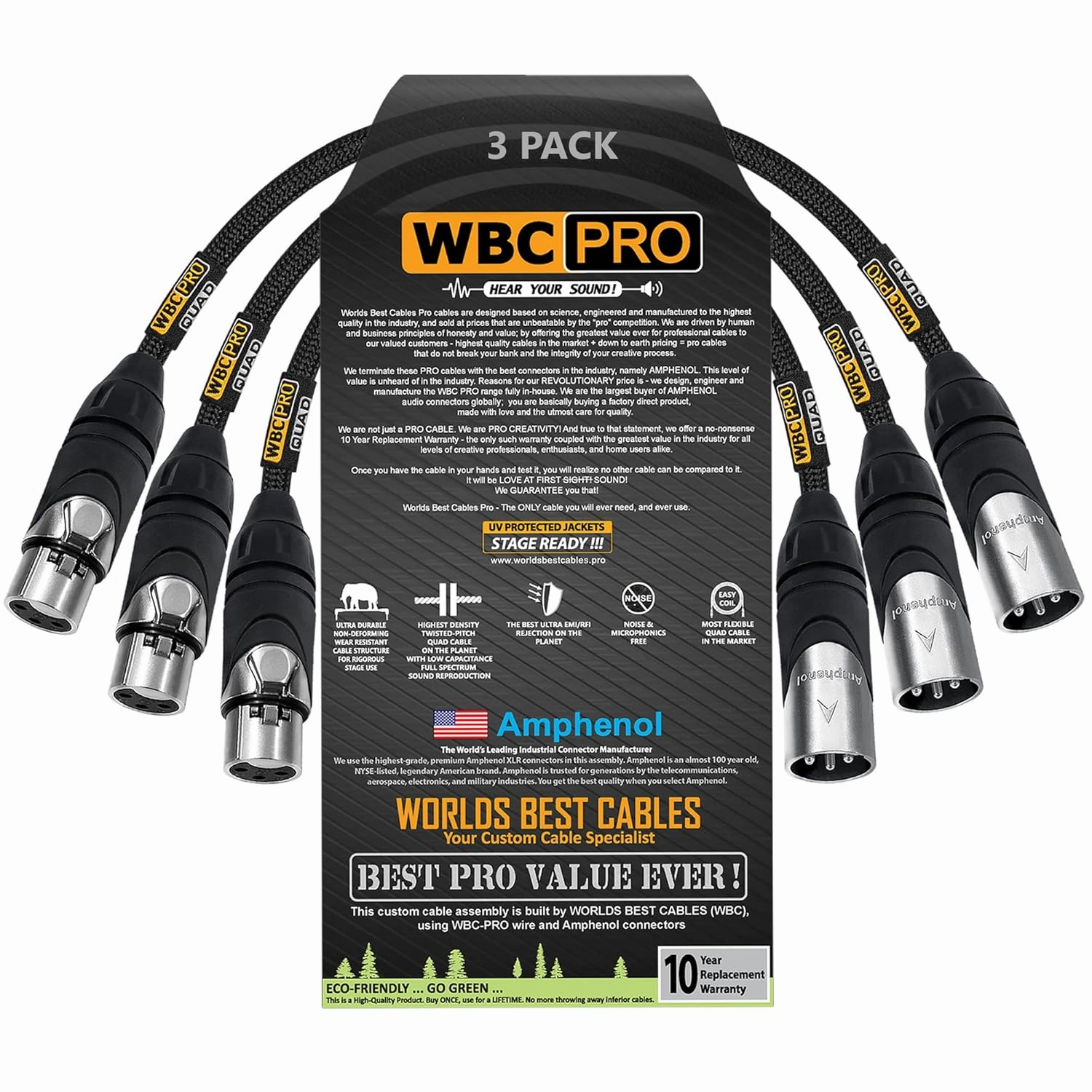 3 Units - 6 Inch - WBC-PRO-Quad Ultra-Silent Ultra-Flexible Balanced Star-Quad Cable with Amphenol Male & Female XLR Plugs & Black Tweed Jacket