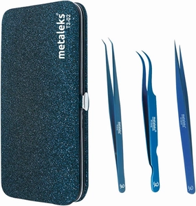3PCS Eyelash Tweezers Set with Blue Tweezer & Glitter Blue Pouch
