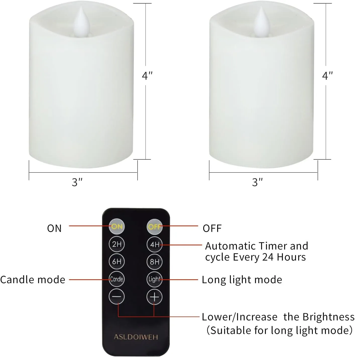 3x4 Flickering Flameless Candles Set of 2, 2AA Battery Life 600 Hours Battery Candles Flickering with Timer,4 inch Flameless Candles with Remote for Indoor/Outdoor, White