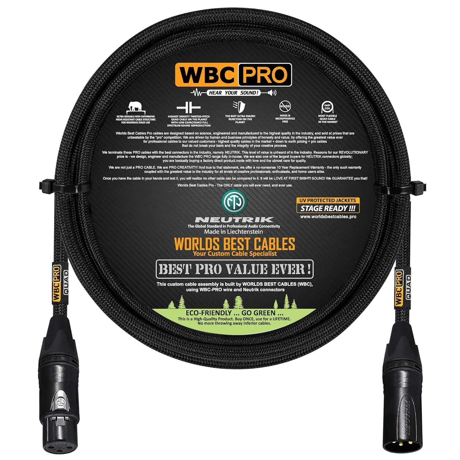 4 Foot - WBC-PRO-Quad Ultra-Silent Ultra-Flexible Balanced Star-Quad Cable with Neutrik Male & Female XLR Plugs & Black Tweed Jacket