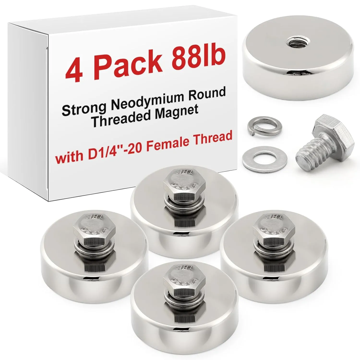4 Pack 88lb Strong Neodymium Round Threaded Magnet with D1/4''-20 Female Thread, Powerful Stud Bolt on Magnet with Washer, Removable Mounting, for Lighting, Camera and Other Brackets