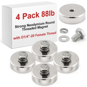 4 Pack 88lb Strong Neodymium Round Threaded Magnet with D1/4''-20 Female Thread, Powerful Stud Bolt on Magnet with Washer, Removable Mounting, for Lighting, Camera and Other Brackets