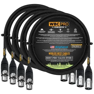 4 Units - 4 Foot - WBC-PRO-Quad Ultra-Silent Ultra-Flexible Balanced Star-Quad Cable with Amphenol Male & Female XLR Plugs & Black Tweed Jacket