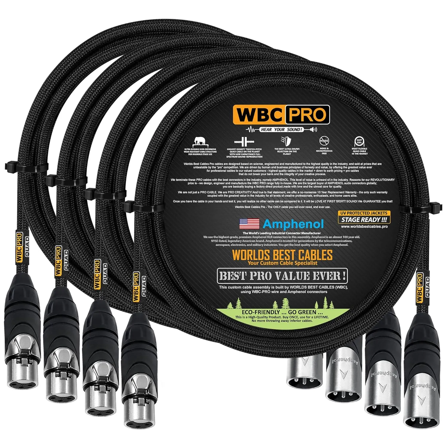 4 Units - 4 Foot - WBC-PRO-Quad Ultra-Silent Ultra-Flexible Balanced Star-Quad Cable with Amphenol Male & Female XLR Plugs & Black Tweed Jacket