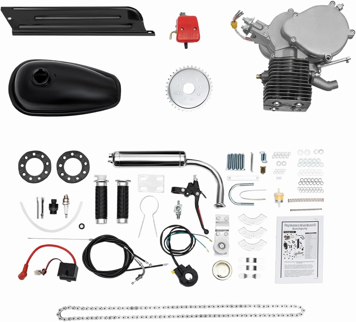44 Tooth100cc Bicycle Engine Kit, 2-Stroke Bicycle Engine Gas Powered Bicycle Motor with V-Frame, for 26" 28" Bicycles, Fuel-efficient Motorized Petrol Gas Engine Set CDI