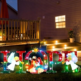 4 Pcs LED Christmas Nativity Hope Yard Sign with Stakes and Lights Christmas Outdoor Yard Decorations Lighted Religious Lawn Stake Signs Christmas Patio Sign for Religious Xmas Decor