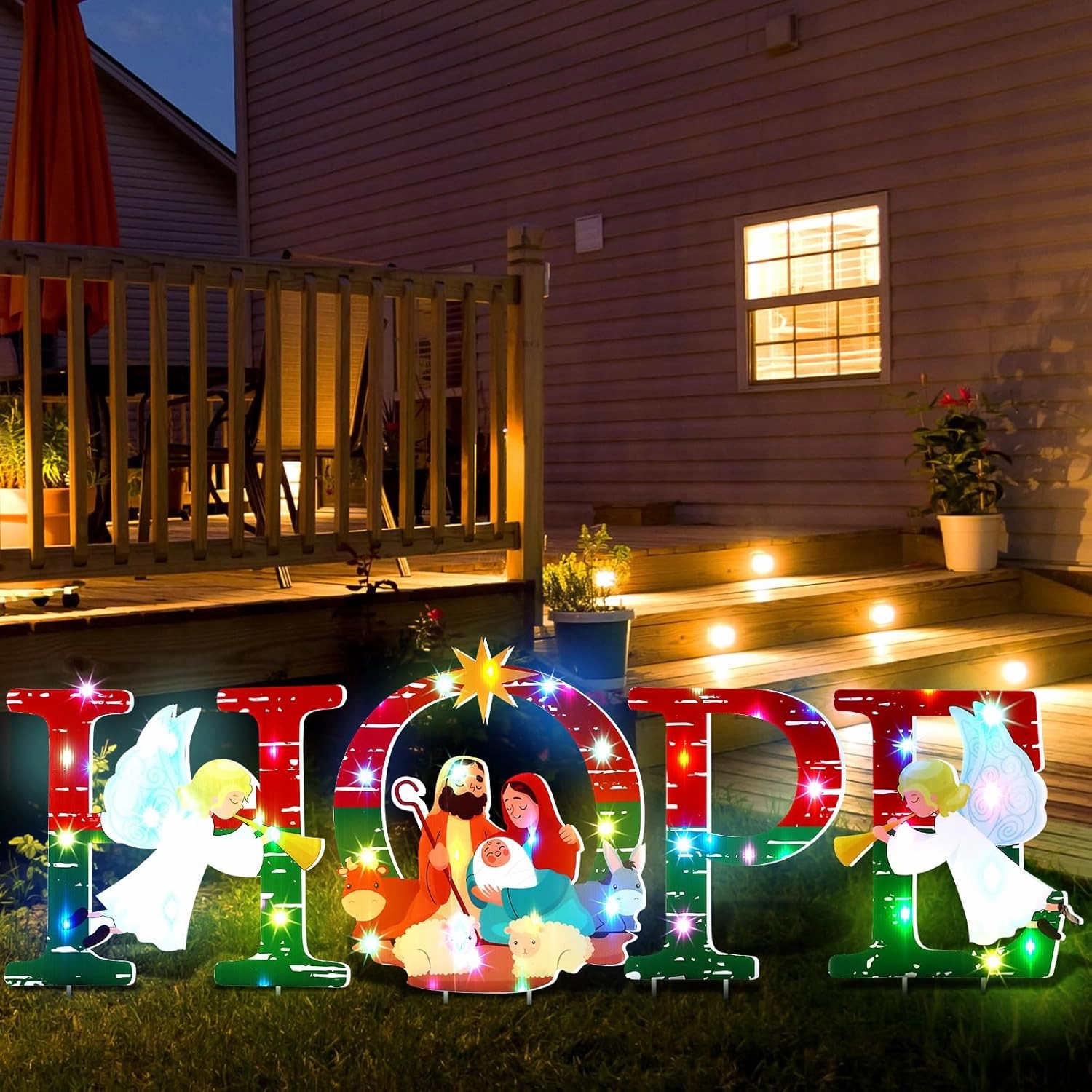 4 Pcs LED Christmas Nativity Hope Yard Sign with Stakes and Lights Christmas Outdoor Yard Decorations Lighted Religious Lawn Stake Signs Christmas Patio Sign for Religious Xmas Decor