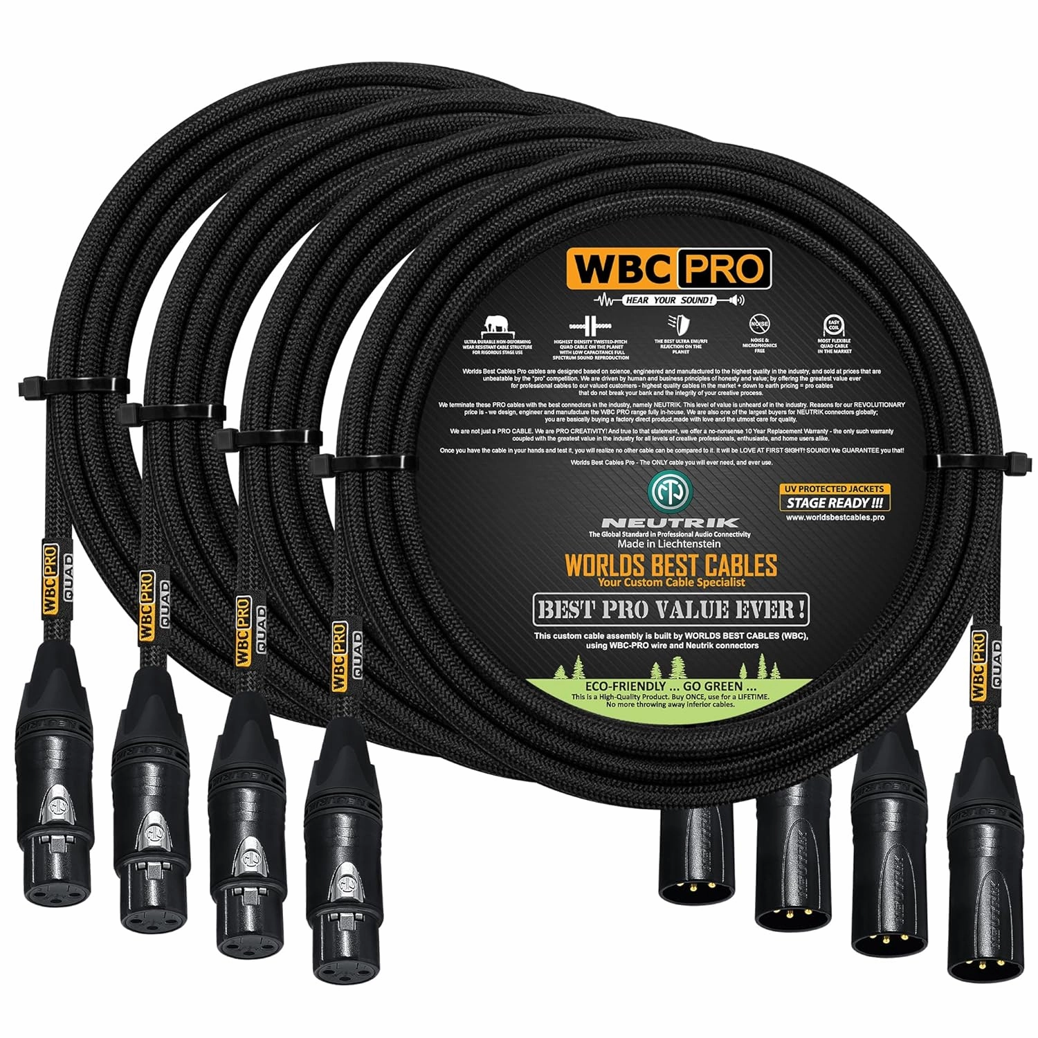 4 Units - 15 Foot - WBC-PRO-Quad Ultra-Silent Ultra-Flexible Balanced Star-Quad Cable with Neutrik Male & Female XLR Plugs & Black Tweed Jacket
