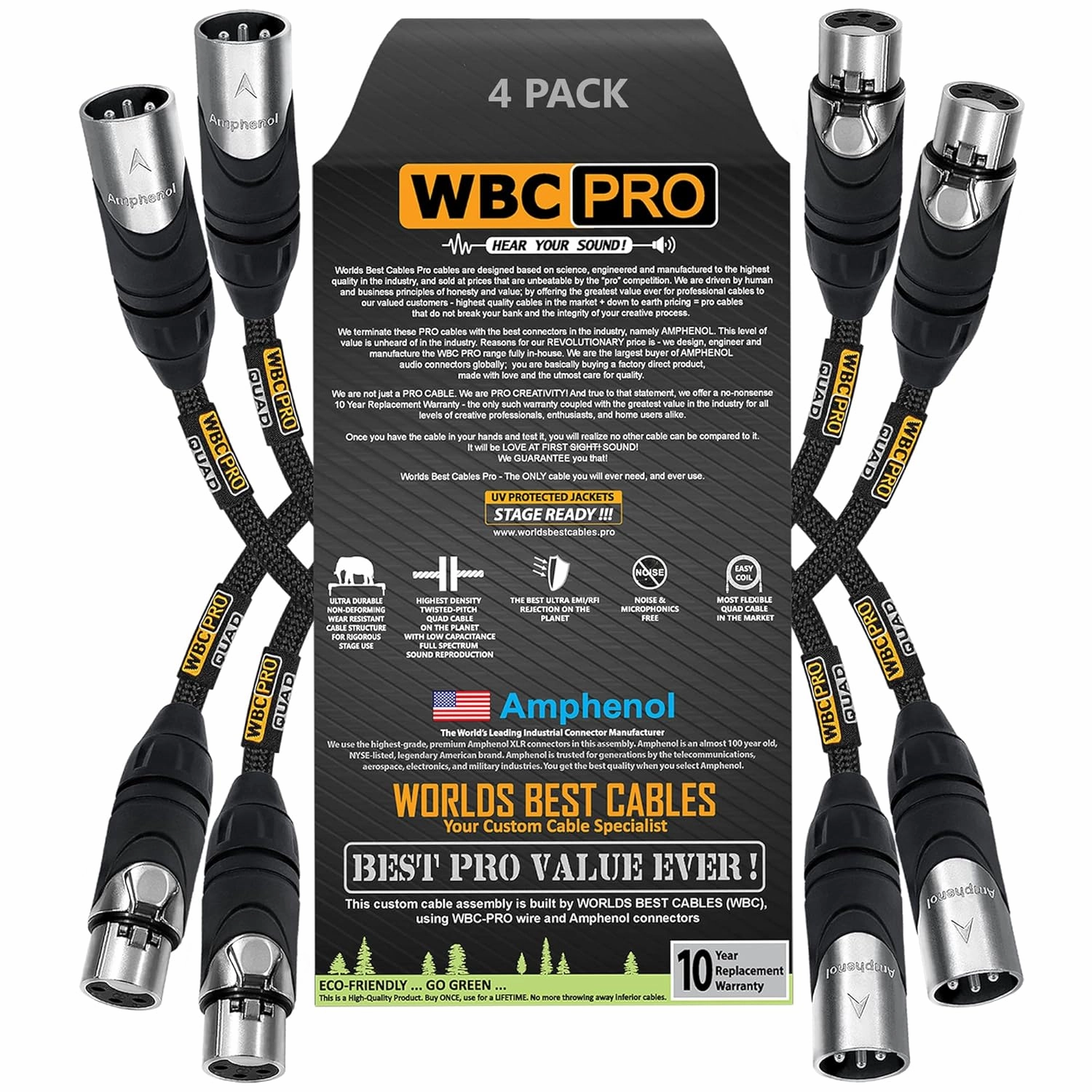 4 Units - 1 Foot - WBC-PRO-Quad Ultra-Silent Ultra-Flexible Balanced Star-Quad Cable with Amphenol Male & Female XLR Plugs & Black Tweed Jacket