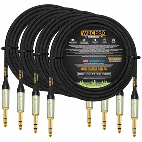 4 Units - 25 Foot - WBC-PRO-Quad Ultra-Silent Ultra-Flexible Balanced Star-Quad Cable with Amphenol QS3P-AU ¼ Inch (6.35mm) Gold Straight TRS Stereo Phone Plugs & Black Tweed Jacket