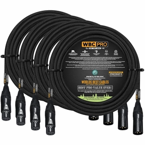 4 Units - 25 Foot - WBC-PRO-Quad Ultra-Silent Ultra-Flexible Balanced Star-Quad Cable with Neutrik Male & Female XLR Plugs & Black Tweed Jacket