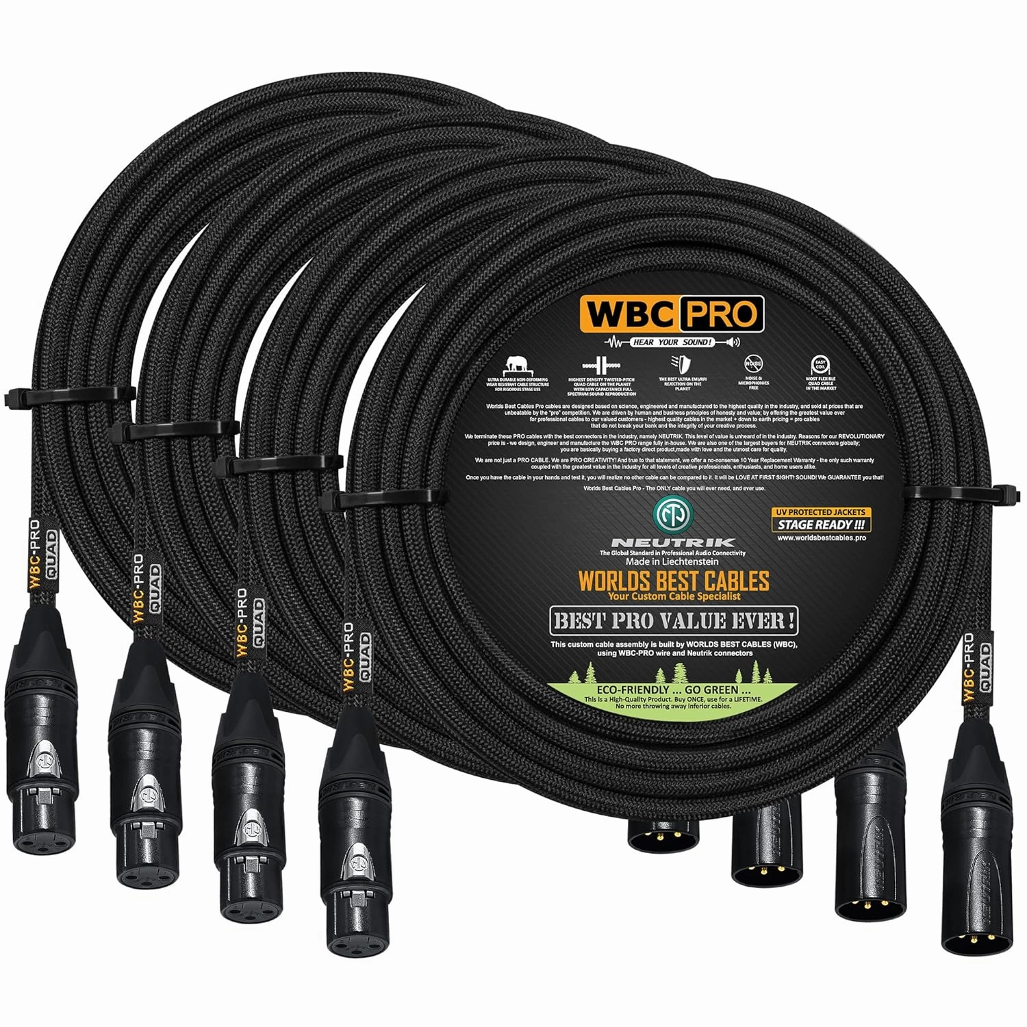 4 Units - 25 Foot - WBC-PRO-Quad Ultra-Silent Ultra-Flexible Balanced Star-Quad Cable with Neutrik Male & Female XLR Plugs & Black Tweed Jacket