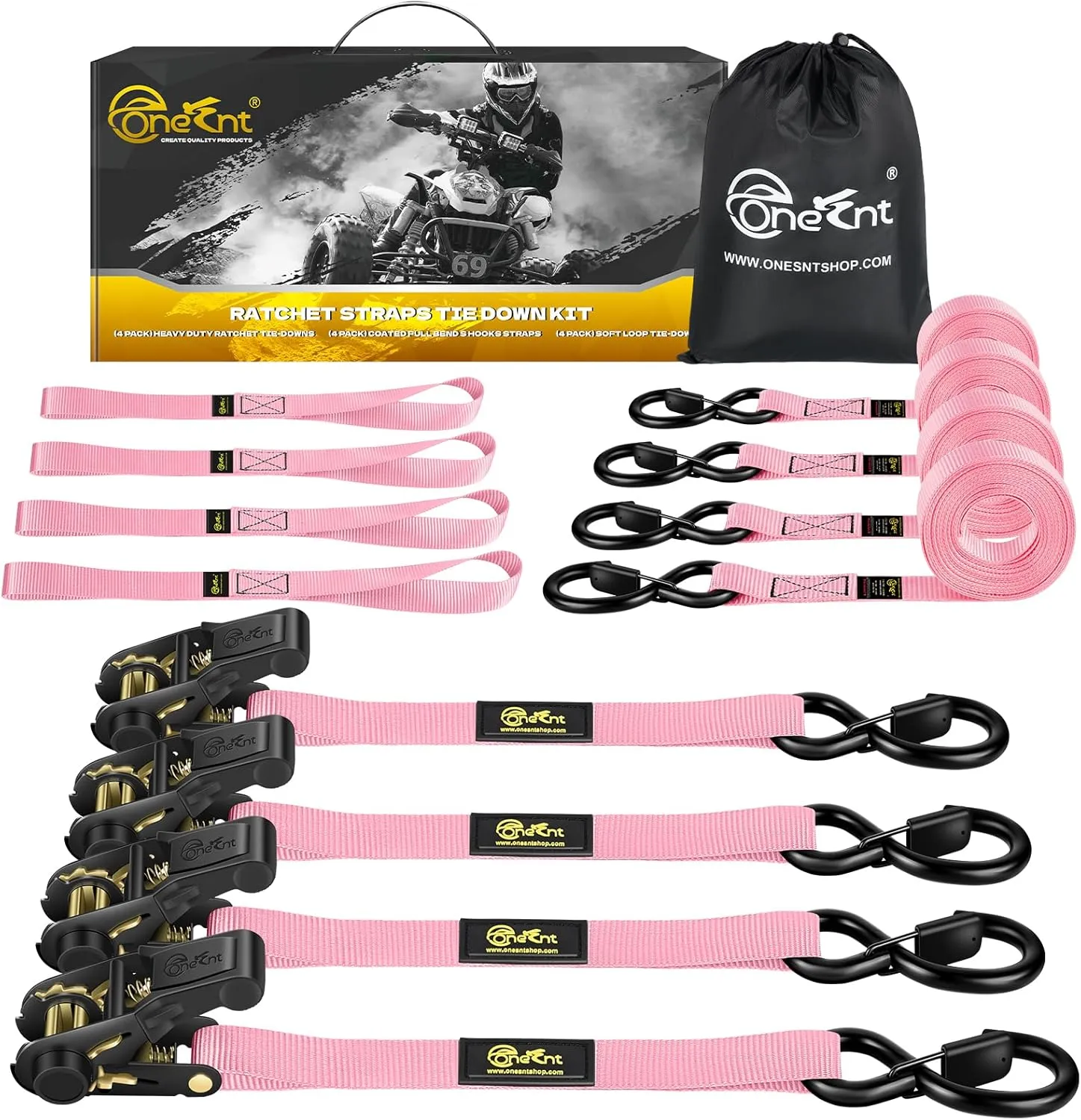 4Pcs Ratchet Tie Down Straps Kit for 2400lb Break Strength | 1” x 16FT Tie Down Straps with Soft Loop Tie-Downs & Safety S Hook - Cargo Strap Tie Down for Trucks, Motorcycle, Moving, Appliances - Pink