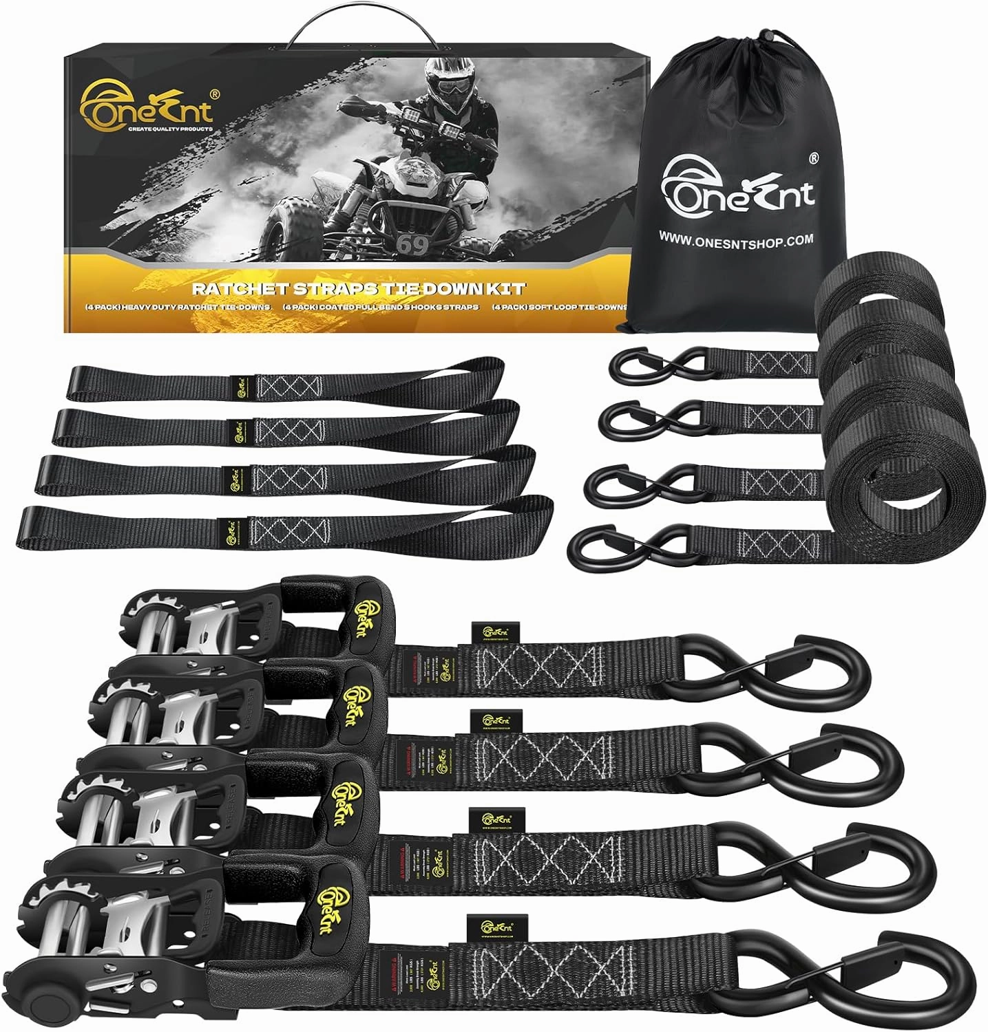 4Pcs 1.6”x16ft Heavy Duty Ratchet Straps with Padded Handles Coated S Hooks Soft Loop Tie-Downs-6000 Pound Break Strength for Ratchet Strap Tie Down Kit