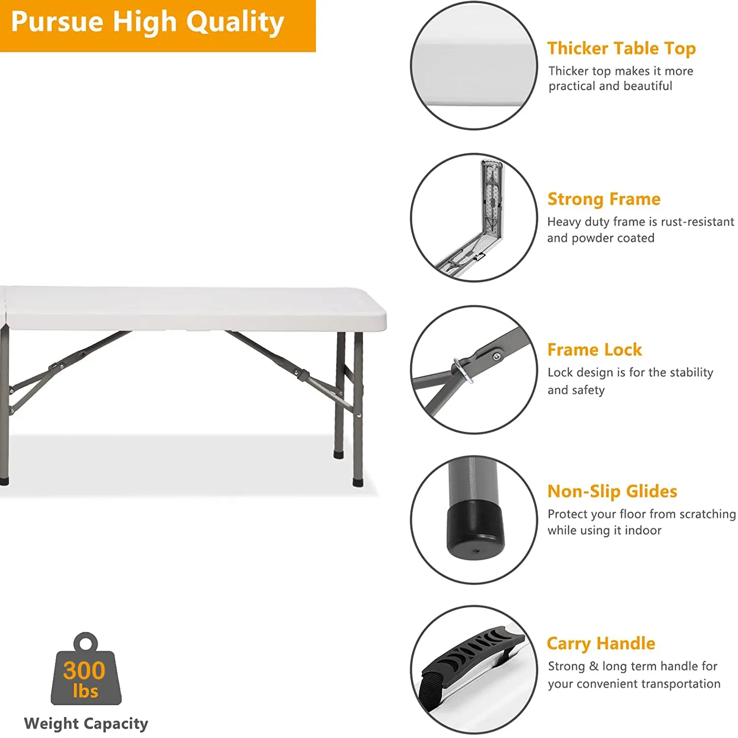 5 ft. White Plastic Fold-In-Half Folding Bench