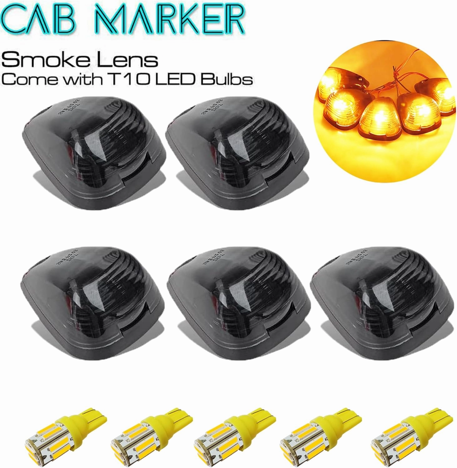 5X Black Smoke Lens Cab Roof Marker Running Lamps w/Amber Yellow LED Lights Compatible with Ford F150 F250 F350 F450 F550 F650 F750 E150 E250 E350 E450 1999-2016 Super Duty Pickup Trucks