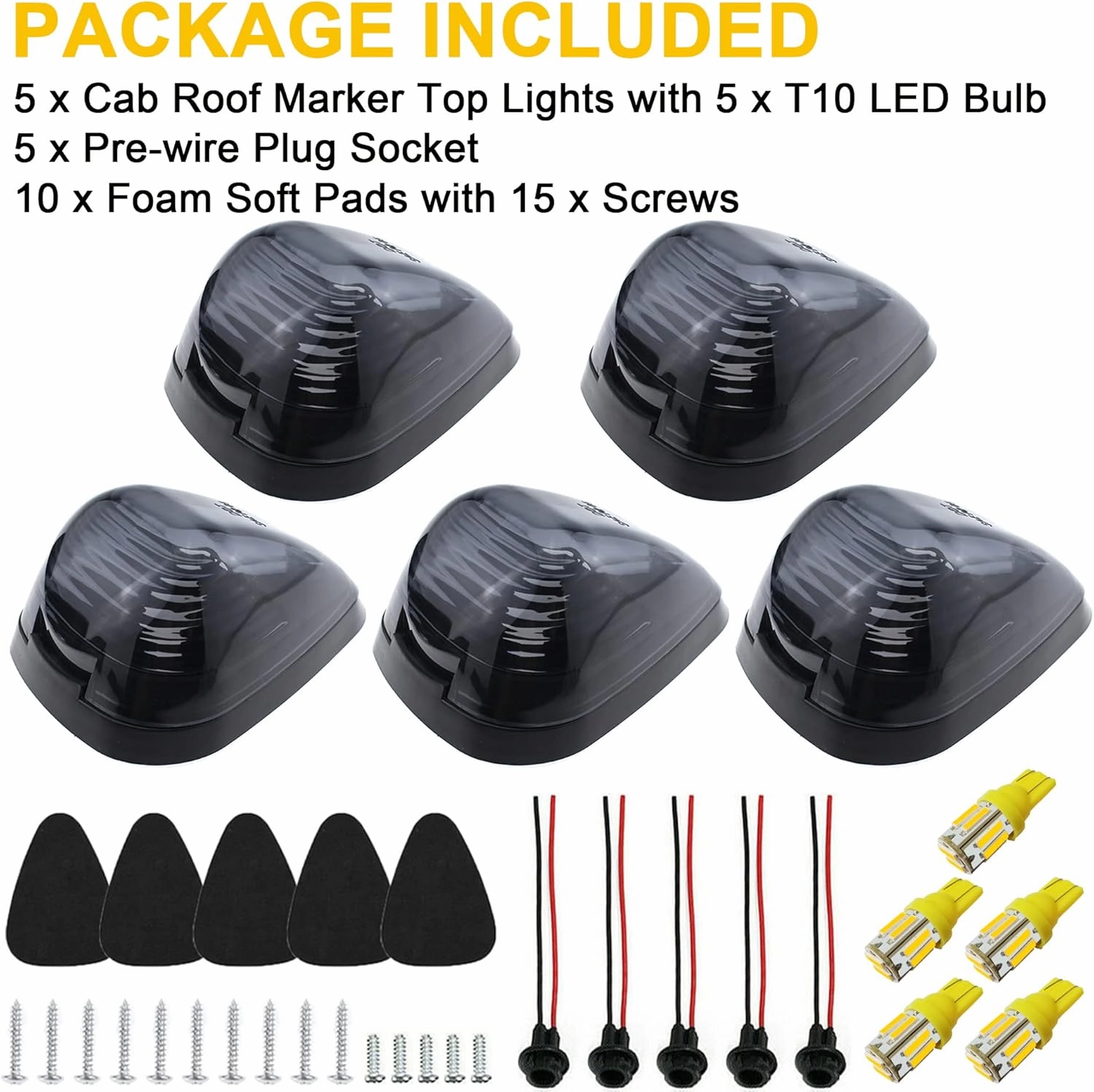 5X Black Smoke Lens Cab Roof Marker Running Lamps w/Amber Yellow LED Lights Compatible with Ford F150 F250 F350 F450 F550 F650 F750 E150 E250 E350 E450 1999-2016 Super Duty Pickup Trucks