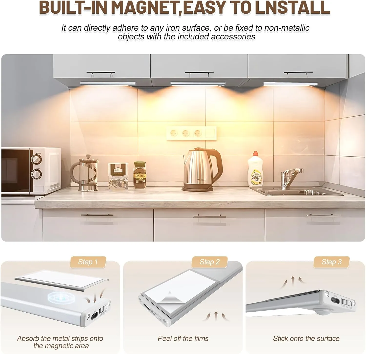 6 Pack Under Cabinet Lighting Wireless, 50 LED Rechargeable Battery Motion Sensor Light Indoor, Stick On Magnetic Closet Lights, Under Counter Lights for Kitchen, Stairs, Warm 12 in