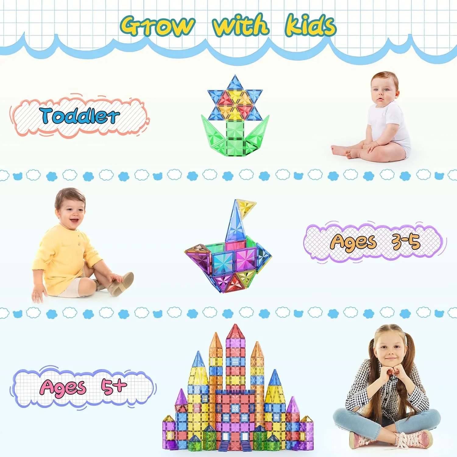 60PCS Diamond Magnetic Tiles Kids Toys for 3  Year Old Boy and Girl Birthday Gifts, Magnetic Blocks Building Games for Kids, STEM Learning Autism Sensory Toys for Toddlers Ages 3-5, 5-7, 4-8