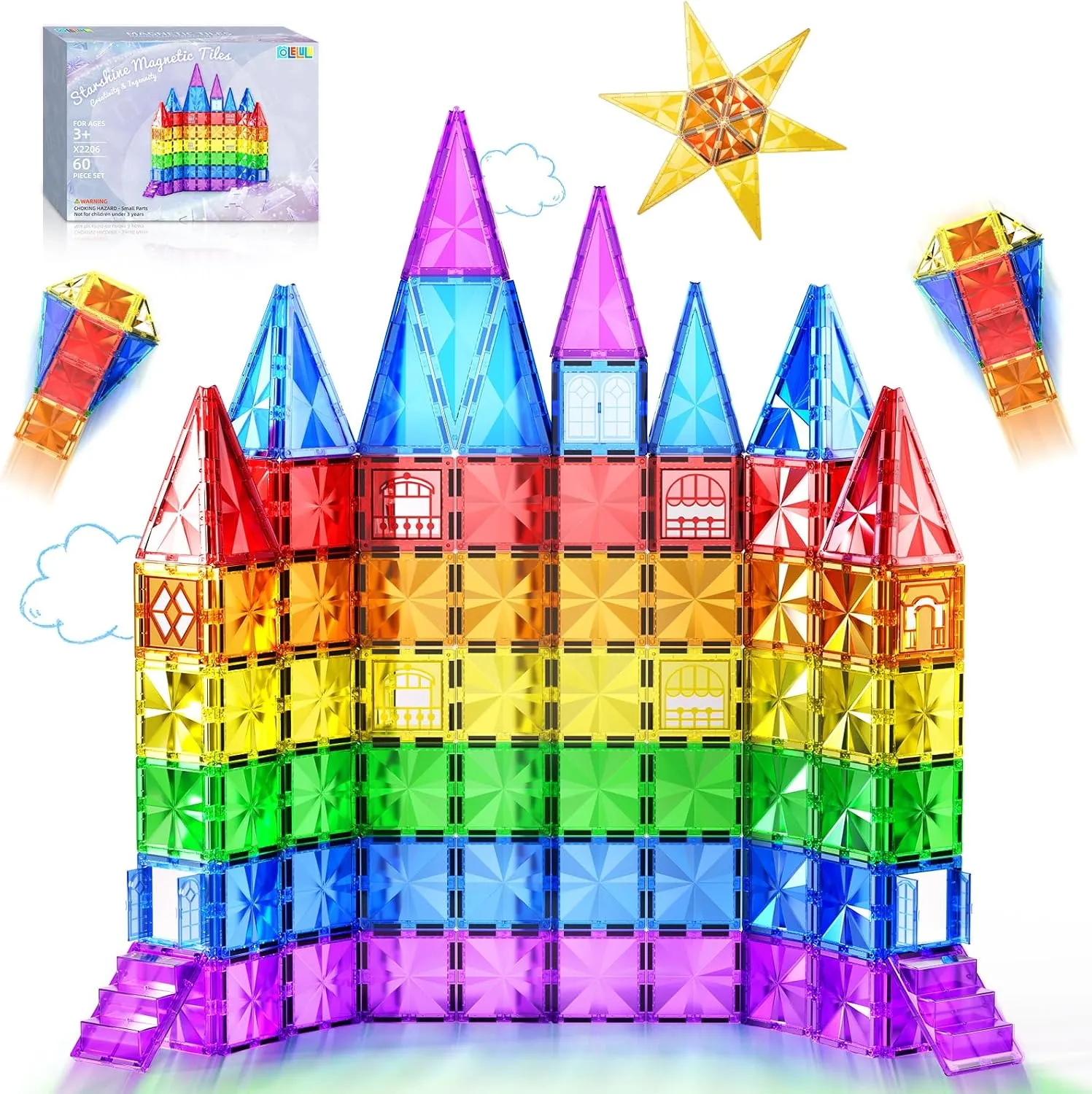 60PCS Diamond Magnetic Tiles Kids Toys for 3  Year Old Boy and Girl Birthday Gifts, Magnetic Blocks Building Games for Kids, STEM Learning Autism Sensory Toys for Toddlers Ages 3-5, 5-7, 4-8