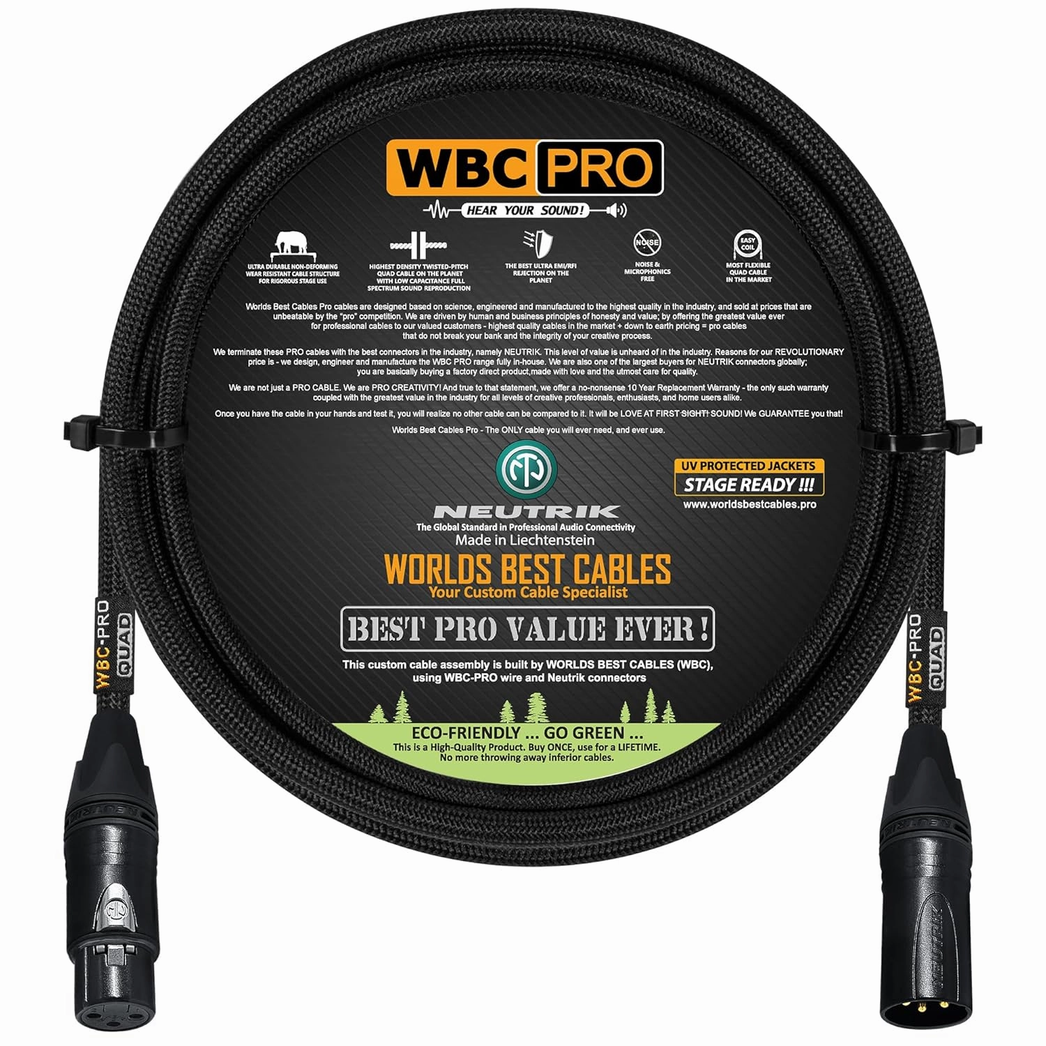 6 Foot - WBC-PRO-Quad Ultra-Silent Ultra-Flexible Balanced Star-Quad Cable with Neutrik Male & Female XLR Plugs & Black Tweed Jacket