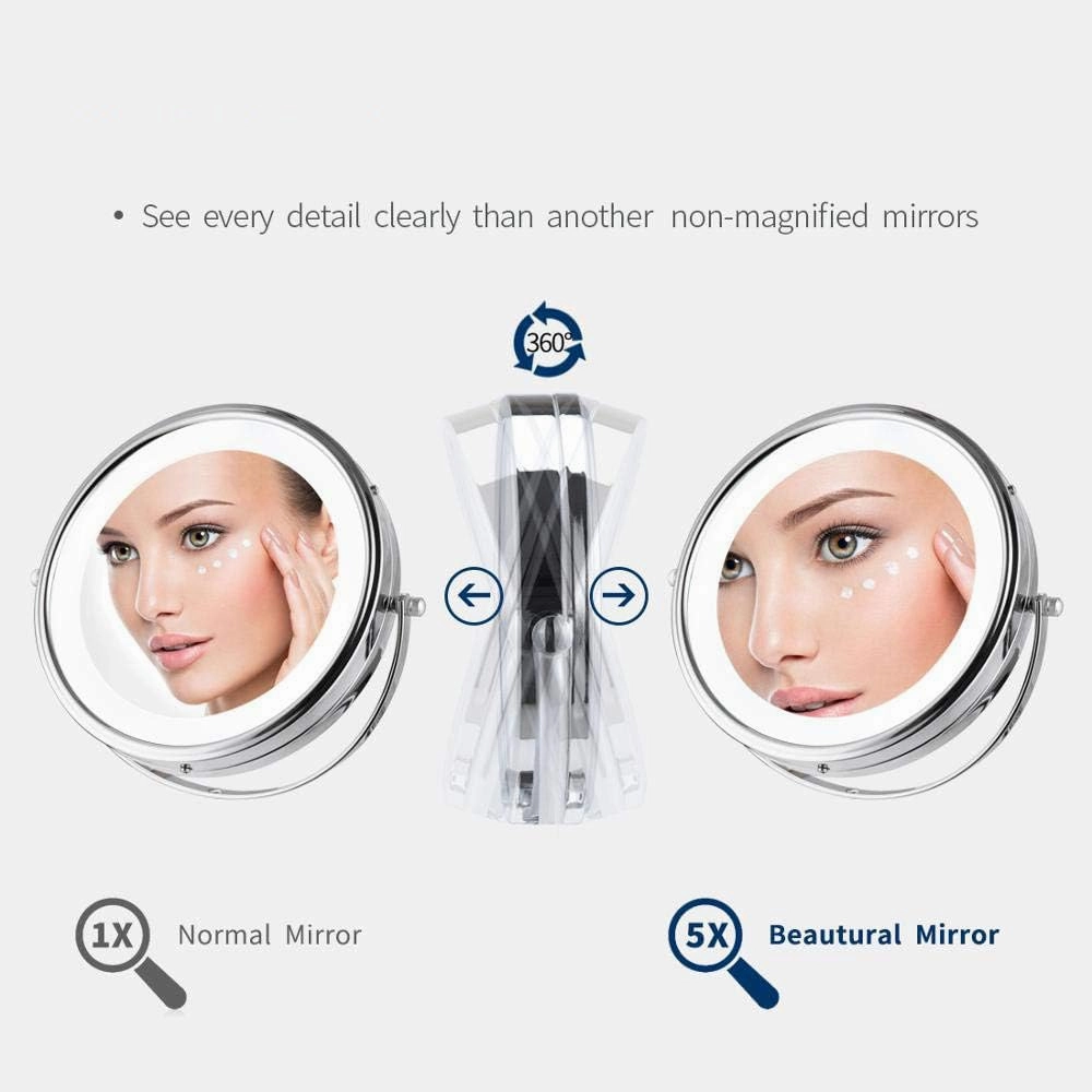 6 Inch Folding Makeup Mirror Magnifying LED Lighted Vanity Mirror, Portable Illuminated Bathroom Shaving Mirror 360° Swivel for Bathroom and Spa,3xmagnifying(5xmagnifying)