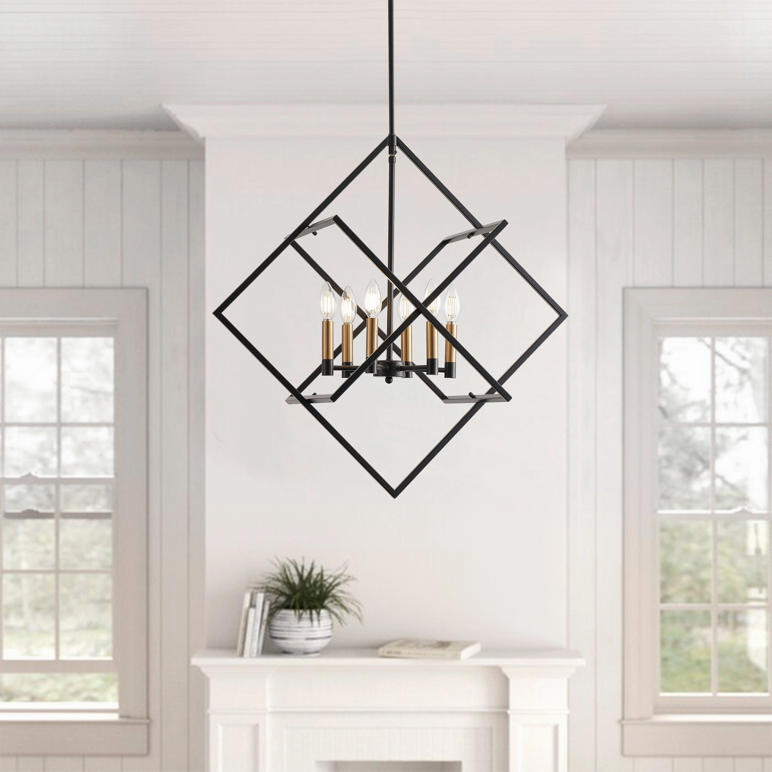 6-Lights Geometric Metal Shape Lantern Adjustable Height Pendant Lighting