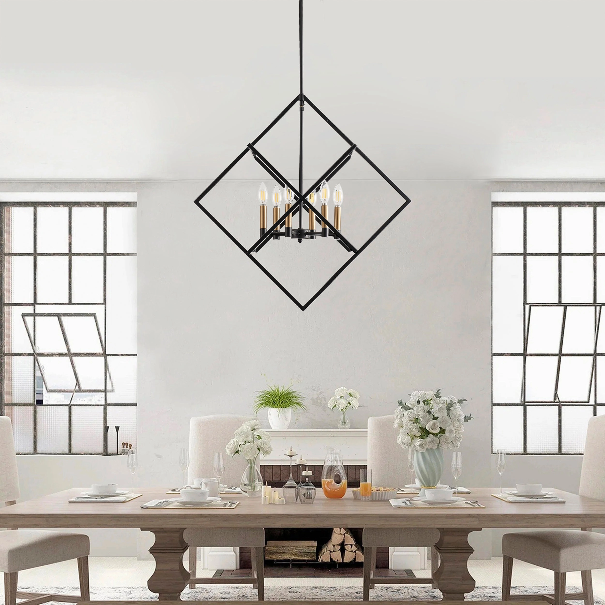 6-Lights Geometric Metal Shape Lantern Adjustable Height Pendant Lighting