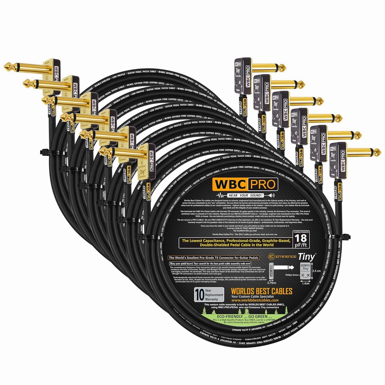 6 Units - 24 Inch - WBC-PRO-PEDAL – 22 AWG - Low-Cap (18pF/ft) – Pro-Grade – Graphite-based - Dual-Shielded Pedal, Effects, Patch, instrument cable with Eminence Tiny Gold Plated Angled TS Connectors