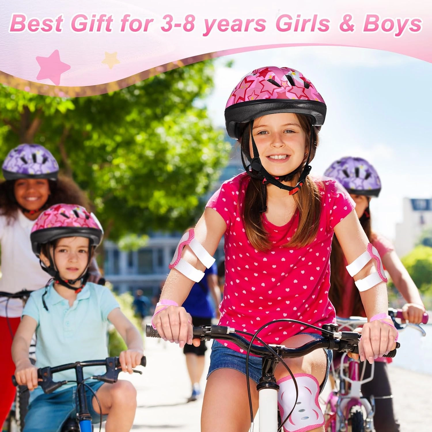 7 Pcs Kids Helmet Adjustable for Kids Ages 3-8 Years Old Girls Boys Toddler Helmet with Protective Sports Gear Set Knee and Elbow Pads Wrist Guards Protect Set