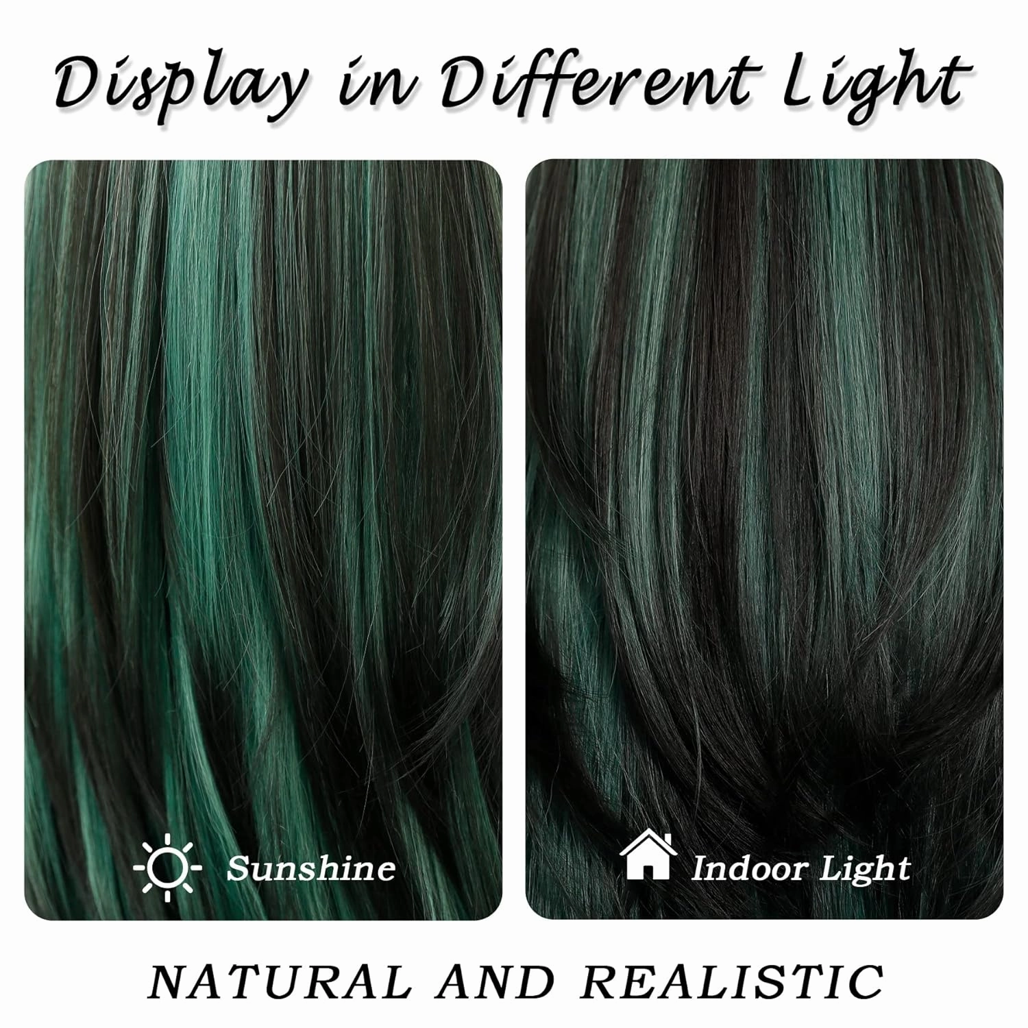 7JHH WIGS Long Straight Wigs with Curtain Bangs,Green Highlight Layered Wig for Women Synthetic High Density Heat Resistant Hair Wig for Daily Party 24 Inches