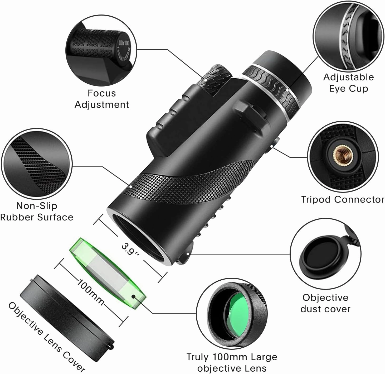 80x100 Monocular-Telescope High Powered for Smartphone Monoculars for Adults High Definition Monocular Telescope for Stargazing Hunting Wildlife Bird Watching Travel Camping Hiking