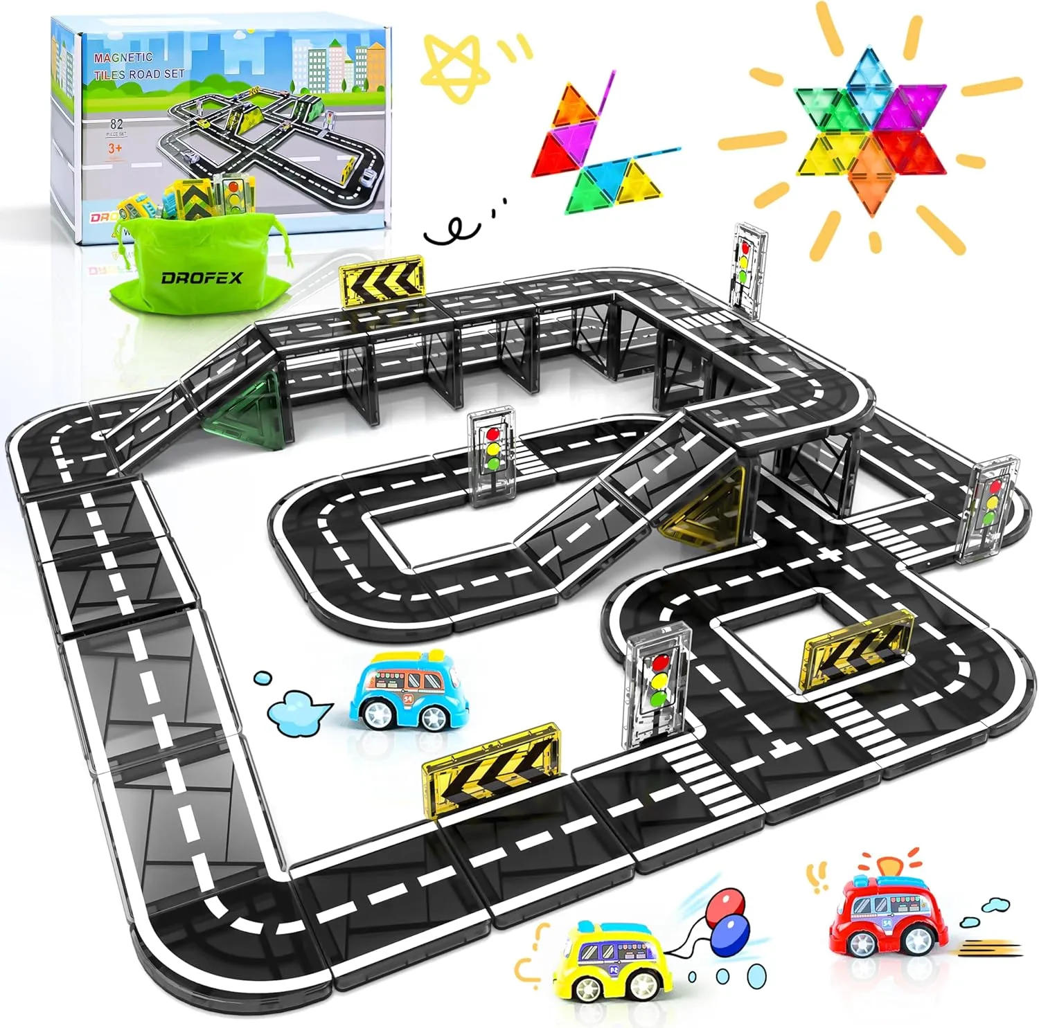 82pcs Magnetic Tiles Road, Magnetic Building Blocks Construction Toys for 3 Year Old Boys Girls, Kids Montessori Toys for Toddler, STEM Learning Gifts